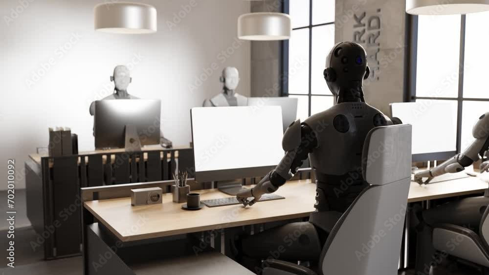 Poster team colleague of futuristic robot humanoid cyber working together in office with laptop 3d renderin