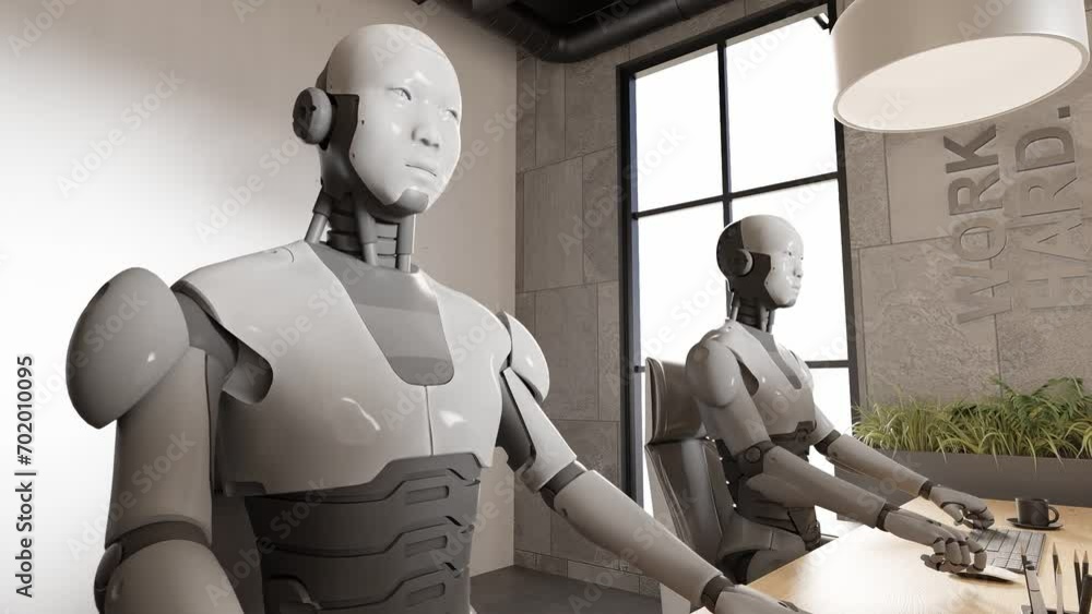 Poster colleague of futuristic robot humanoid cyber working together in modern office with laptop 3d render