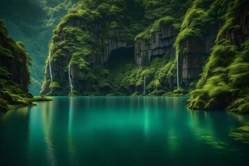 A pristine lake nestled between the rainforest's towering cliffs.