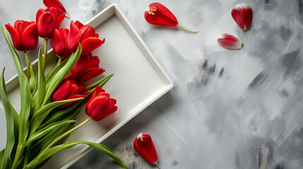 Mockup With Red Tulips And Tray. Copy Space, Flower Day, Happy Nowruz, Plants Day, Safe World Day, Generative Ai