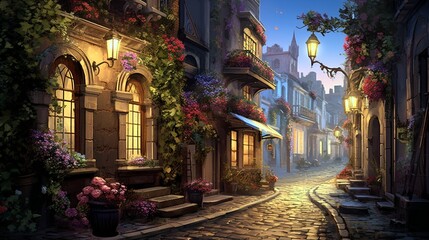 A charming cobblestone alleyway adorned with blooming flowers cascading down from balconies above. Old-fashioned street lamps cast a warm, nostalgic glow.
