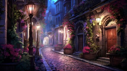 A charming cobblestone alleyway adorned with blooming flowers cascading down from balconies above. Old-fashioned street lamps cast a warm, nostalgic glow