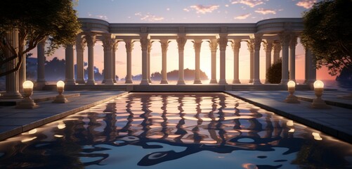 An elegant backyard with a pool and a series of ambient light pillars, each casting 3D intricate, columnar patterns on the water, pillar panorama - obrazy, fototapety, plakaty