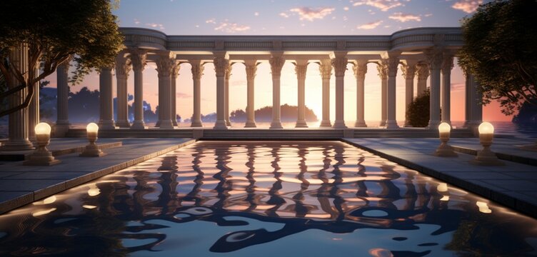 An elegant backyard with a pool and a series of ambient light pillars, each casting 3D intricate, columnar patterns on the water, pillar panorama