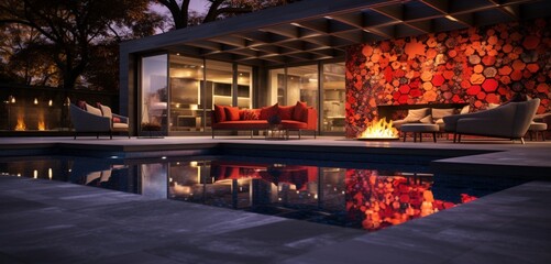 An elegant backyard with a pool surrounded by a series of vivid red and orange flame sculptures, casting 3D intricate, fiery patterns, flame finesse