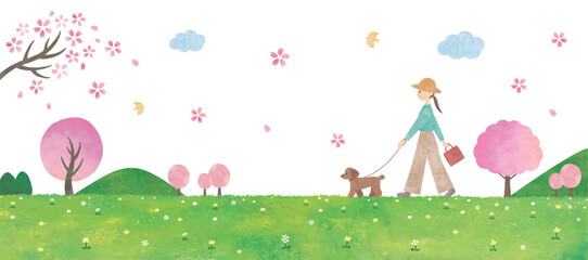 犬の散歩をする女性と桜の風景水彩画