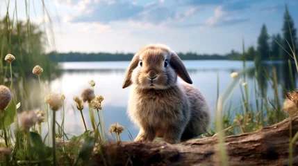 Fotobehang A charming Holland Lop bunny enjoying a serene lakeside view surrounded by tall grass. © Imran_Art