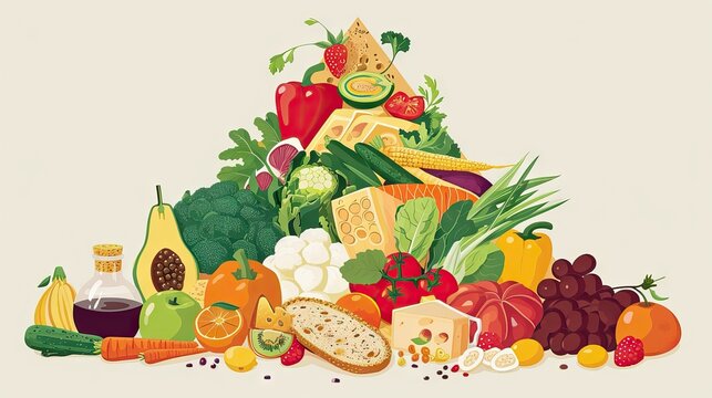 Colorful illustration of a healthy food pyramid, highlighting vegetables and fruits optimal for human growth and development, promoting a meat-free healthy lifestyle. Generative AI.