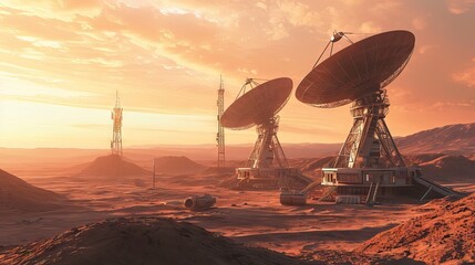 An image of a high-frequency communicational antenna system for direct connection with colonies on other planets. Generative AI.