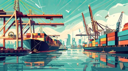 Colorful illustration of merchant ships docking, delivering and picking up containers, showcasing the movement of logistics, sea shipments, customs, and international treaties. Generative AI.