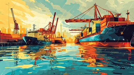 Colorful illustration of merchant ships docking, delivering and picking up containers, showcasing the movement of logistics, sea shipments, customs, and international treaties. Generative AI. - obrazy, fototapety, plakaty