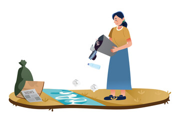 A Woman Carelessly Throws Trash Into The River | Pollution Illustration