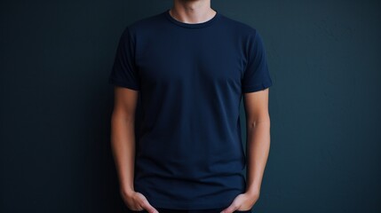 A person wearing navy blue t shirt isolated on solid background