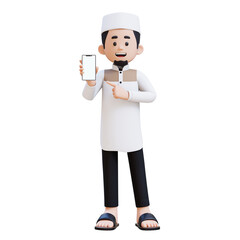 3D Characters of Muslim Man pointing to empty phone screen perfect for banner, web dan marketing material