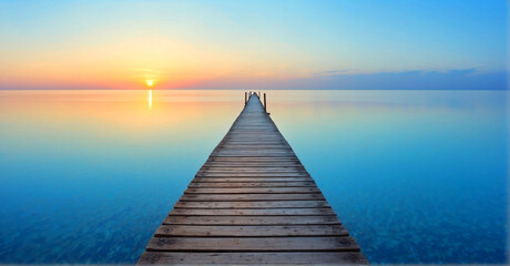 Footbridge sea beach for meditation journey calm hormone sunset sea yoga - obrazy, fototapety, plakaty