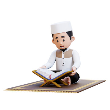 3D Characters of Muslim Man reciting the Koran in Ramadan kareem perfect for banner, web dan marketing material