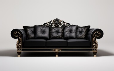 Versace black leather sofa, Modern black living room sofas isolated on white background.