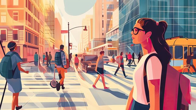 A person wanders disoriented through the streets of a large city, reflecting unfamiliarity, social fear, or even autism spectrum disorder. Generative AI