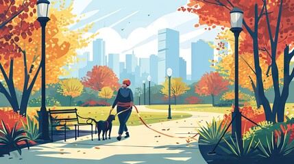 A person walking their dog in a park within a bustling city, capturing the simple joys of urban pet ownership. A moment of companionship and tranquility. Generative AI