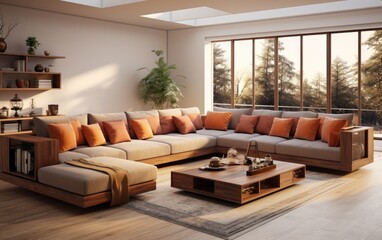 Wooden U shape 8seater sofa in living room, Modern living room sofa set.
