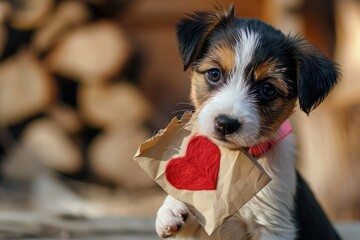 A bashful puppy with a Valentine's Day note in its mouth, waiting to deliver a message of love and...