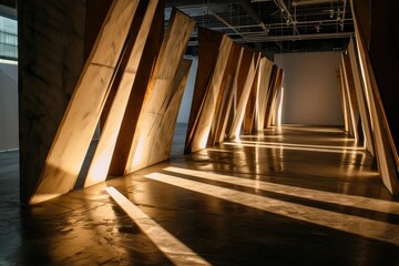 A contemporary art exhibit featuring abstract light sculptures mounted on wooden panels, their interplay of light and shadow challenging perceptions and inviting contemplation. - obrazy, fototapety, plakaty