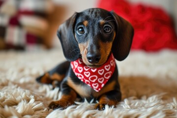 A dapper Valentine Dachshund puppy wearing a heart-patterned bandana, posing proudly, ready to steal hearts and spread joy on this day of love.