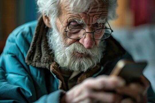 A Confused Senior Citizen With A Phone, His Eyes Squinting And Fingers Hesitantly Pressing The Screen, Symbolizing The Need For Better Tech Education For The Elderly.