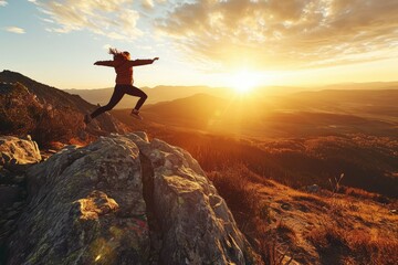 A fearless woman takes a leap of joy at the summit, her spirit soaring as high as the mountain she conquered, greeting the new day and its endless possibilities.