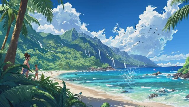 beautiful view on the beach with palm trees and flowing sea water. Seamless looping time-lapse virtual video animation background 