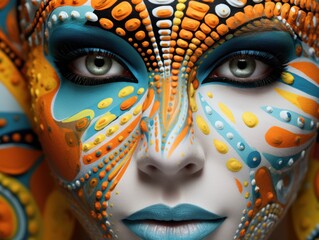 Abstract patterns painted on the face, unique and visually captivating composition, artistry and creativity of drag culture, detailed female face