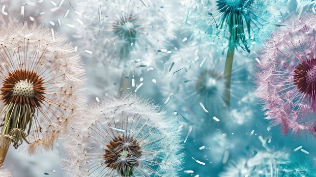  dandelions in different styles on top and bottom, tosca pastel space with dandelions
