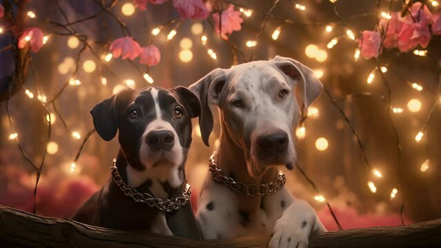 A pair of smitten Great Danes sharing a romantic moment under a canopy of fairy lights and heartshaped decorations.