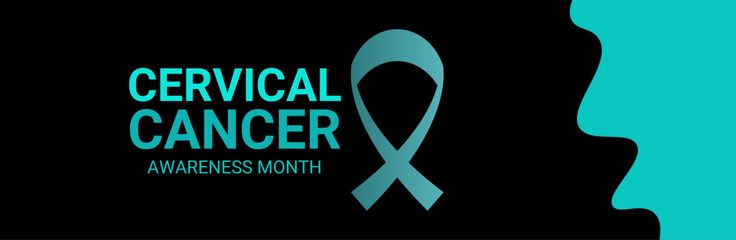 Cervical Cancer Awareness Calligraphy Poster Design. Realistic Teal and White Ribbon. January is Cancer Awareness Month. suit for cover, website, banner, presentation, posters. vector illustration