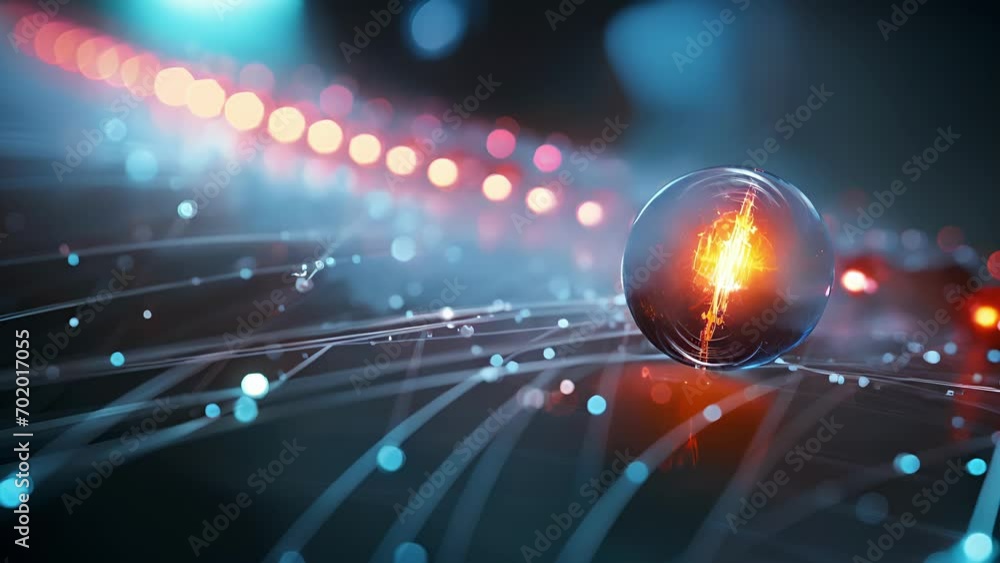 Poster closeup of a beta particle, with an ion trail behind it, moving towards a detector after being emitt
