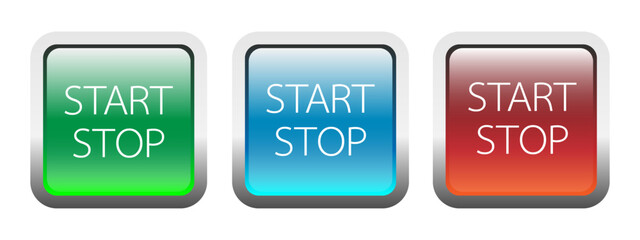 Start and stop on square buttons. Web buttons. Press button icon vector. UI button concept. 