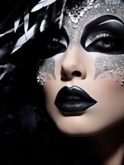 Close up Drag Queen in glamorous and theatrical poses, celebrating the artistry and creativity of drag culture, black and silver, detailed female face