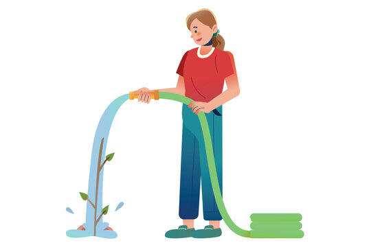  The Lady is Watering the Plants. | Volunteer Illustration 