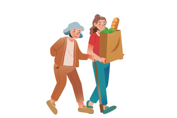 Woman was Helping Grandmother Carry Luggage | Volunteer Illustration