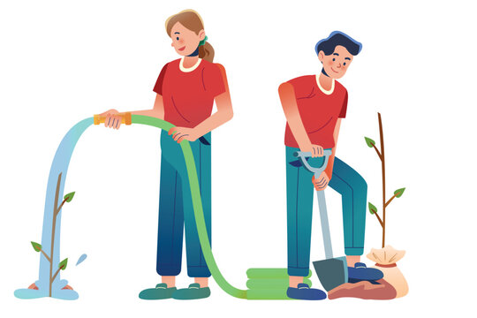 The Couple is Watering and Planting Plants | Volunteer Illustration