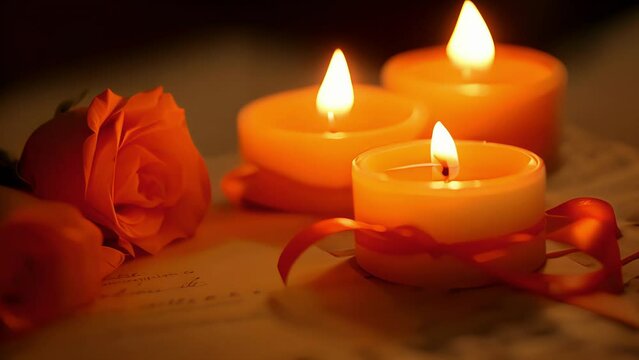 A closeup of a candles flickering flame as it gently melts a secret love note from the wax