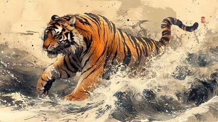 Fototapeta premium A majestic and imposing oriental design tiger stands between the sun and the sea, amidst nature and life, embodying strength and beauty. Generative AI