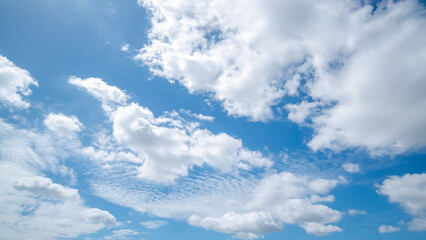 Panoramic view of clear blue sky and clouds, Blue sky background with tiny clouds. White fluffy...