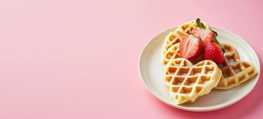 heart-shaped waffle on plate pink background 