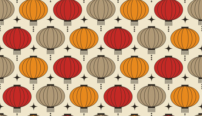 Seamless pattern of colorful traditional Chinese lanterns on a beige background, perfect for festive decoration designs and cultural event backdrops. © Julia