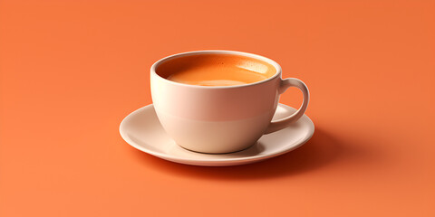 Ceramic cup of coffee on a colored background, Realistic coffee cup background, A white porcelain cup with cappuccino coffee levitating on soft orange surface background, generative AI

