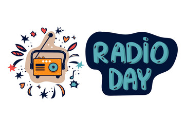 Vintage world radio day logo banner.  vector doodle cartoon flat illustration.