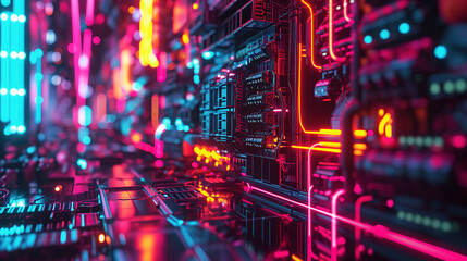 A Detailed and Intricate Circuit Board Illuminated by Multicolored Glowing Lights in a Futuristic and Technological Style