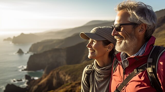Senior couple admiring the scenic Pacific coast while hiking. Image of senior couple with beautiful view. copy space for text.