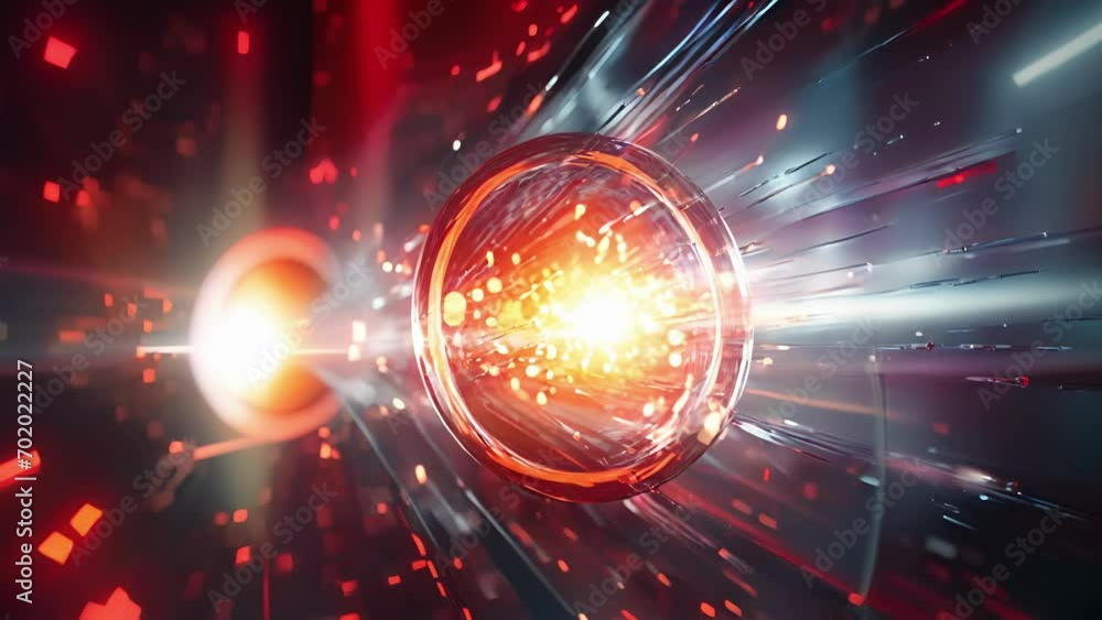 Poster closeup of two protons colliding and creating a burst of energy, revealing the formation of strange 